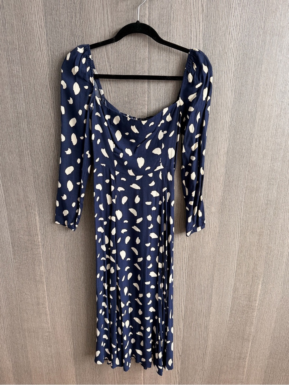 Reformation Navy & White Abstract Polka Midi Dress with side slit